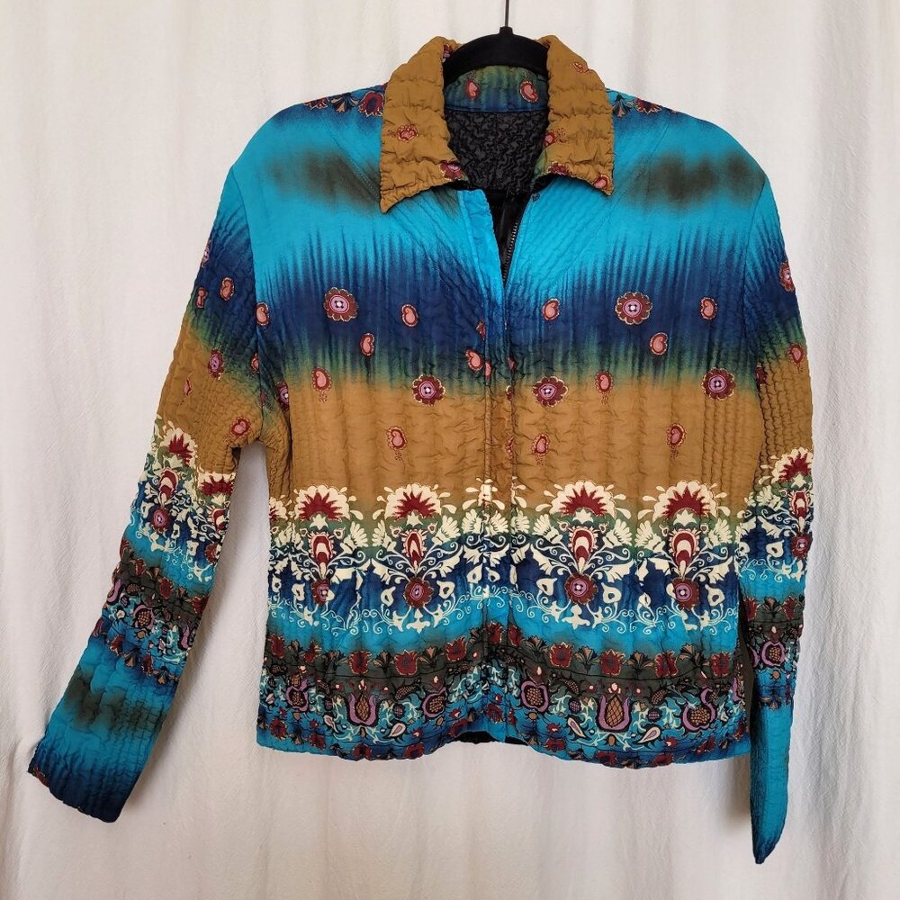 UBU Womens Size S Blue Print Lightweight Crinkle Popcorn Stretch Travel Jacket